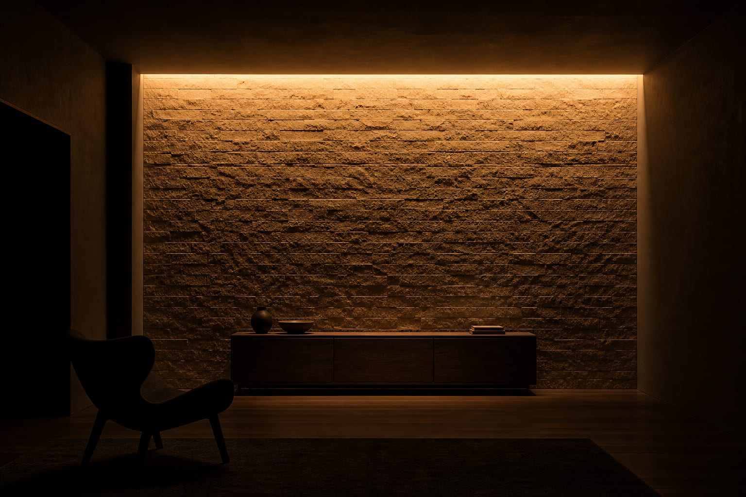Architectural stone wall illuminated by integrated lighting