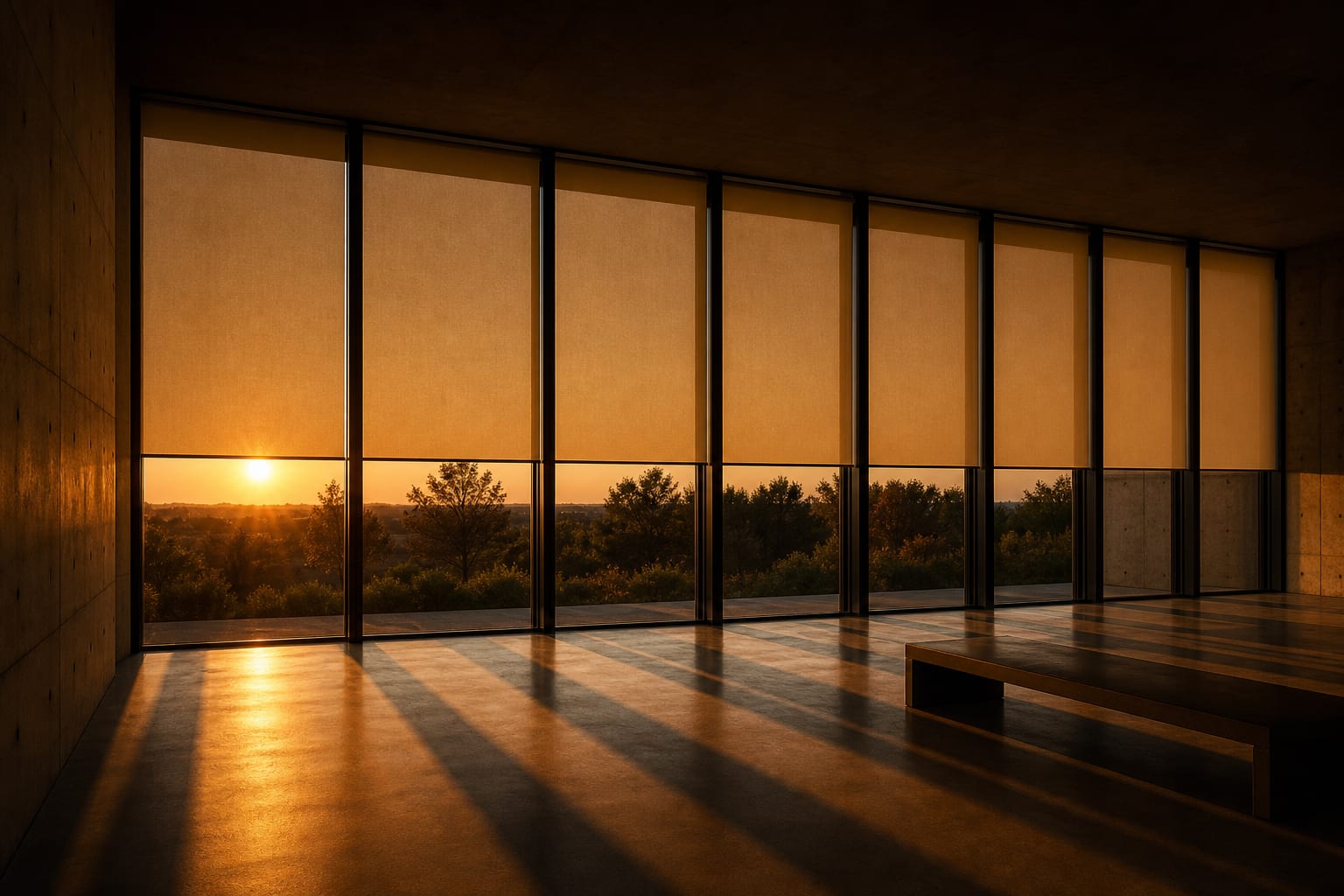 Motorized shades controlling golden-hour light